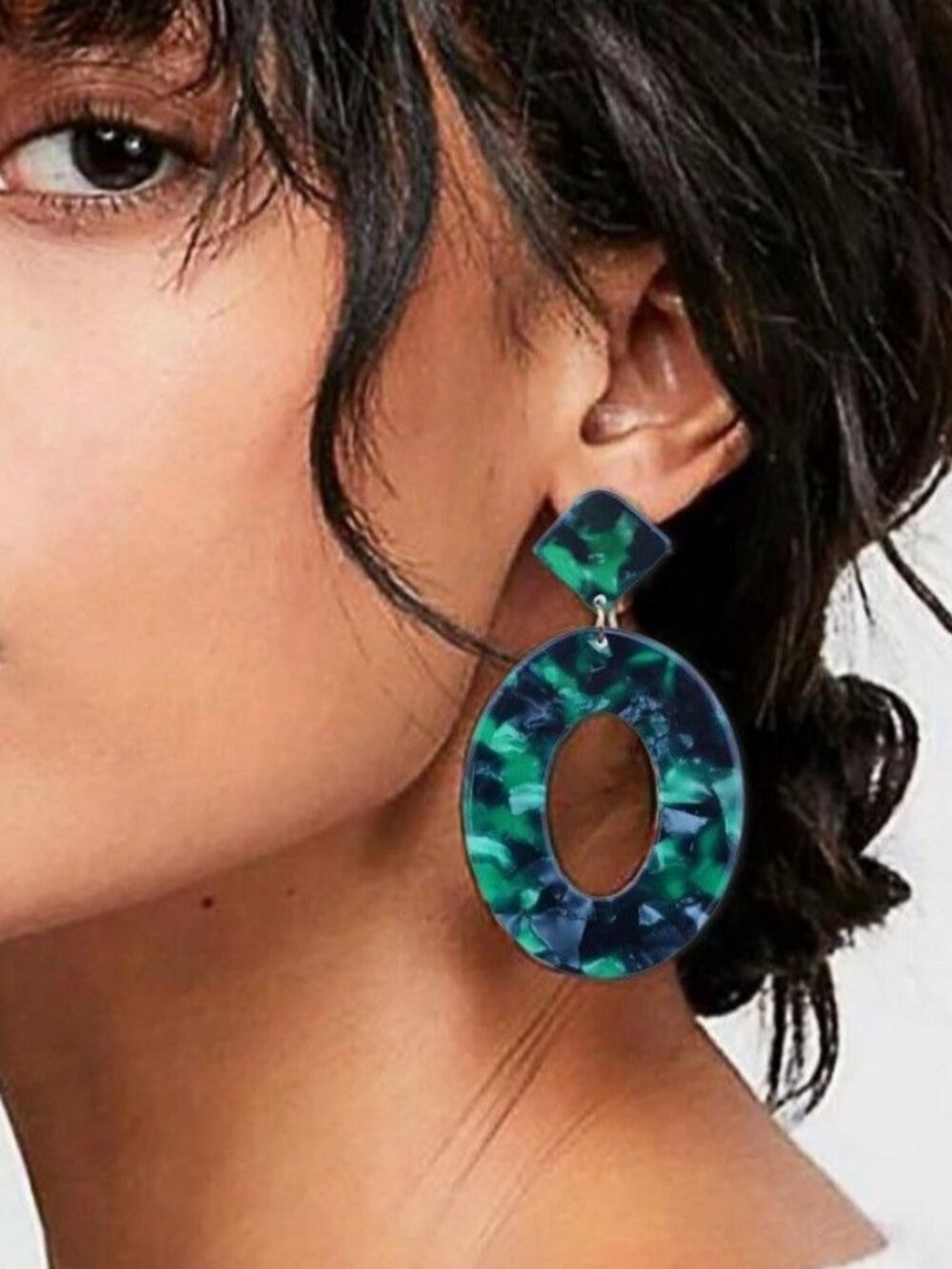 Zinnia Abstracts Geometric Statement Dangle Earrings Open Oval Forest Green - Picture 2 of 6